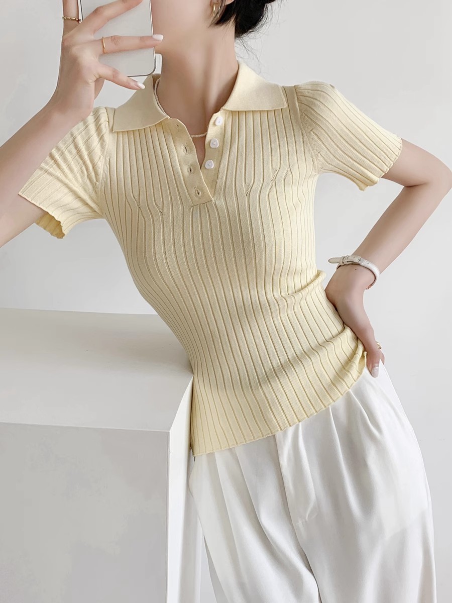 2024年夏季新款短袖T恤女別致短款polo領洋氣時尚針織上衣