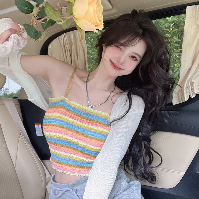 2024韓系夏季純欲甜辣少女彩虹糖針織露背吊帶背心韓版條紋甜美