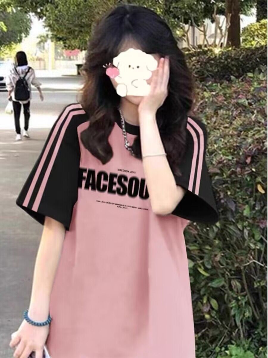純棉200克21支精梳精密前 印花拼色三條槓落肩短袖t恤女