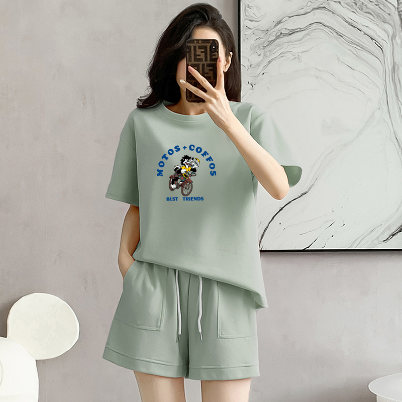 Cotton pique sports suit short-sleeved shorts women's summer new loose age-reducing design casual running two-piece set