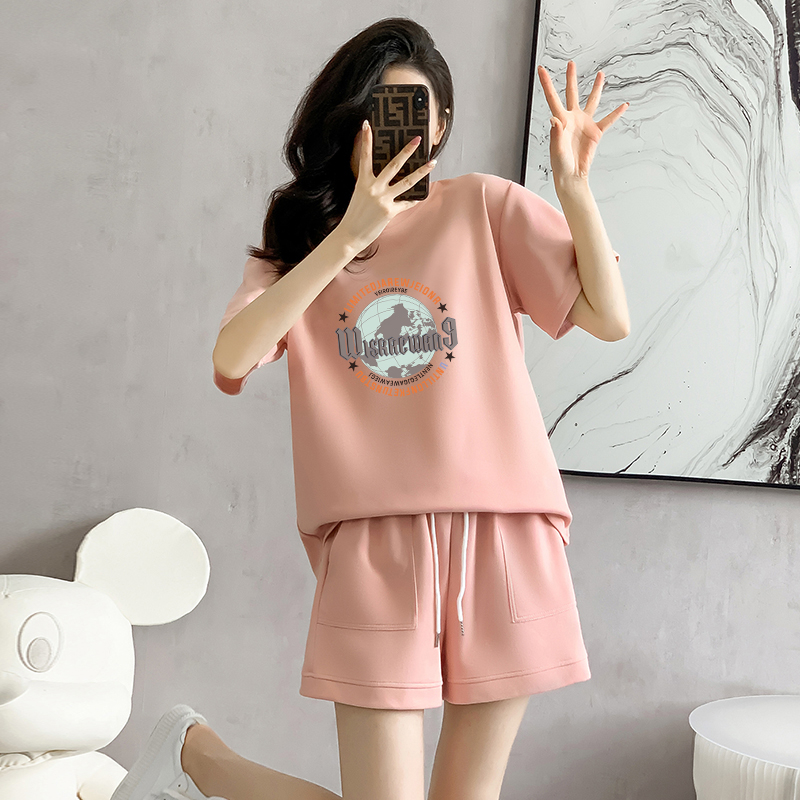 Cotton pique sports suit short-sleeved shorts women's summer new loose age-reducing design casual running two-piece set