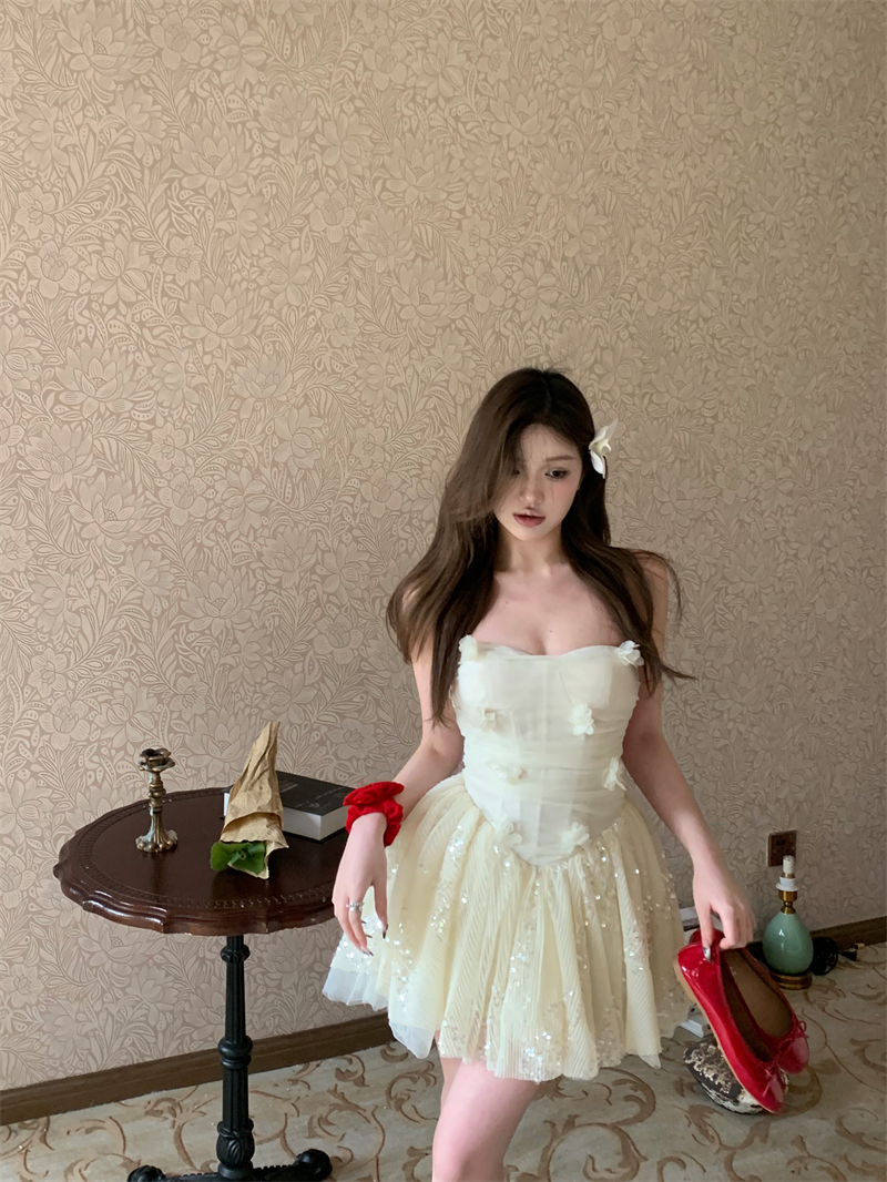 實拍早春新款海邊度假公主小禮裙百褶蓬蓬裙