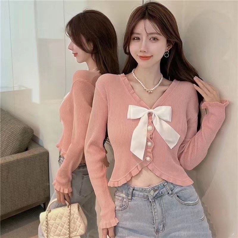Slim short irregular splicing fungus spring women's v-neck long-sleeved bow white knitted cardigan top