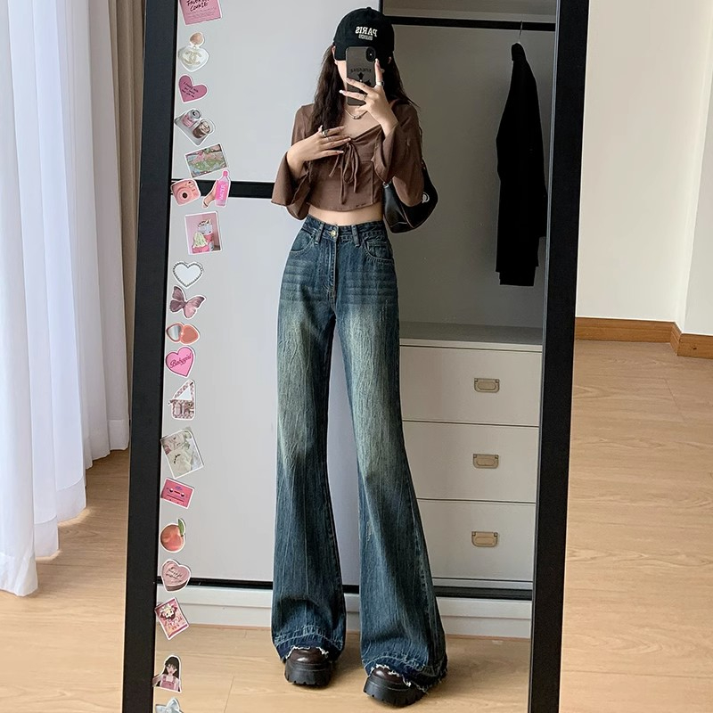 美式復古微喇叭牛仔褲女秋季新款做舊高腰寬鬆顯瘦闊腿拖地褲子潮