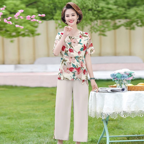 Mom middle-aged summer clothes large size short-sleeved T-shirt tops summer middle-aged and elderly women's suits chiffon shirts small people