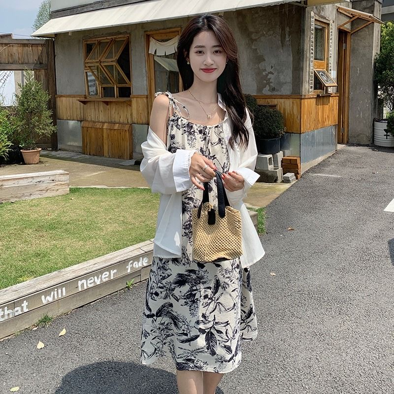 優質四面彈面料  水墨印花吊帶裙小個子夏季復古中長裙寬鬆連衣裙