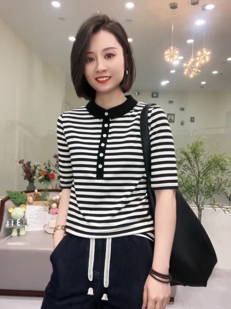 polo shirt striped short-sleeved t-shirt women's pure cotton half-sleeved T-shirt lapel black and white striped shirt collared top women's trendy