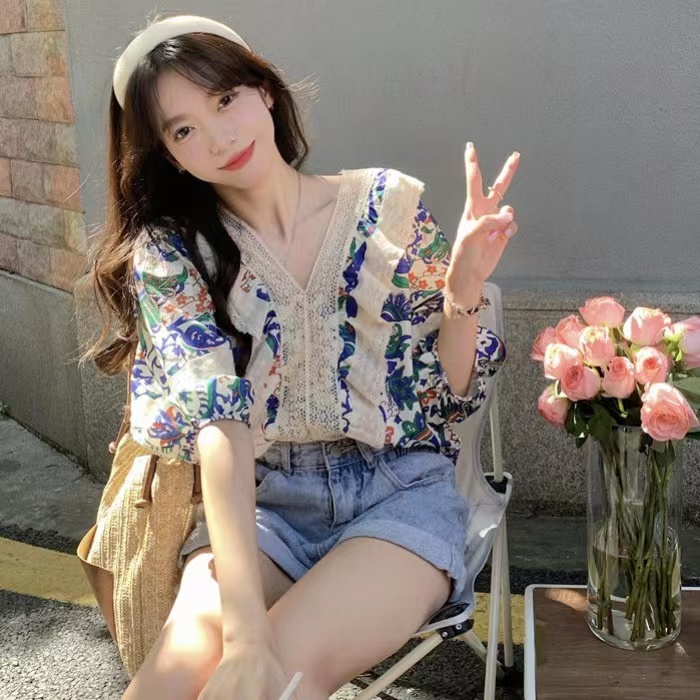 泡泡袖碎花襯衫女設計感小眾上衣夏季2024年新款寬鬆洋氣短袖襯衣