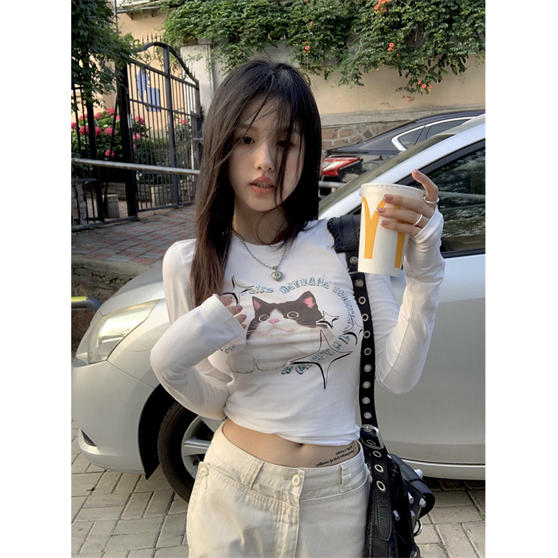 已出貨 薄款印花長袖貓咪T恤女2024年夏季新款白色圓領套頭落肩袖