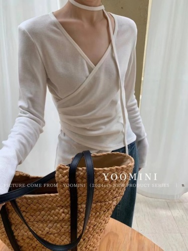 2024 spring new Korean version V-neck ribbon knitted T-shirt women's long-sleeved waist design top