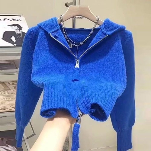 Designed double zipper hooded bottoming knitted cardigan for women 2024 autumn new fashion chic short pink sweater trend