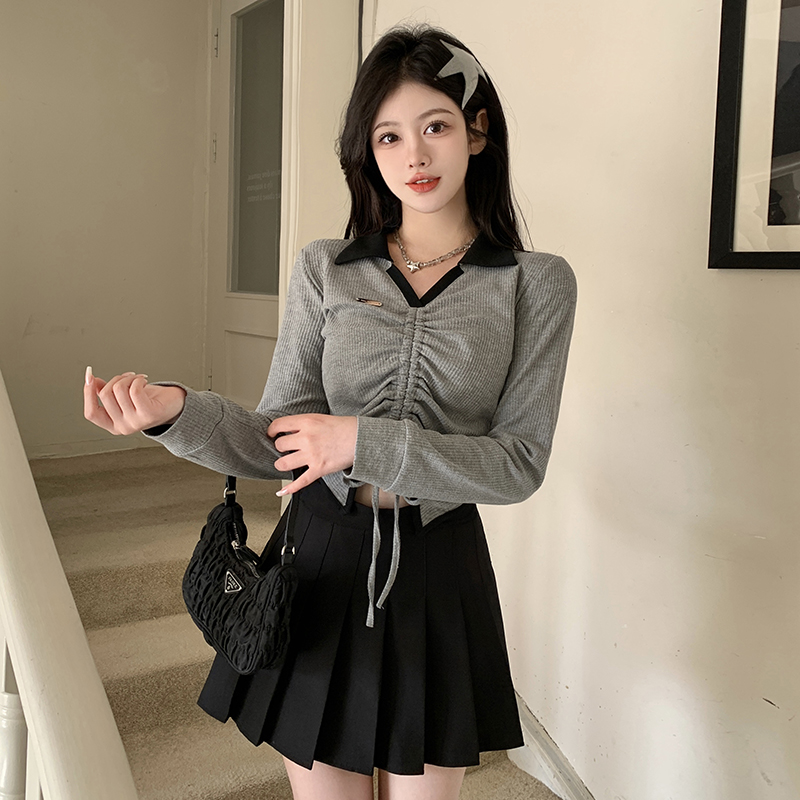 實拍~大碼胖mm抽繩polo領長袖t恤女早秋甜辣修身顯瘦遮肚短款上衣