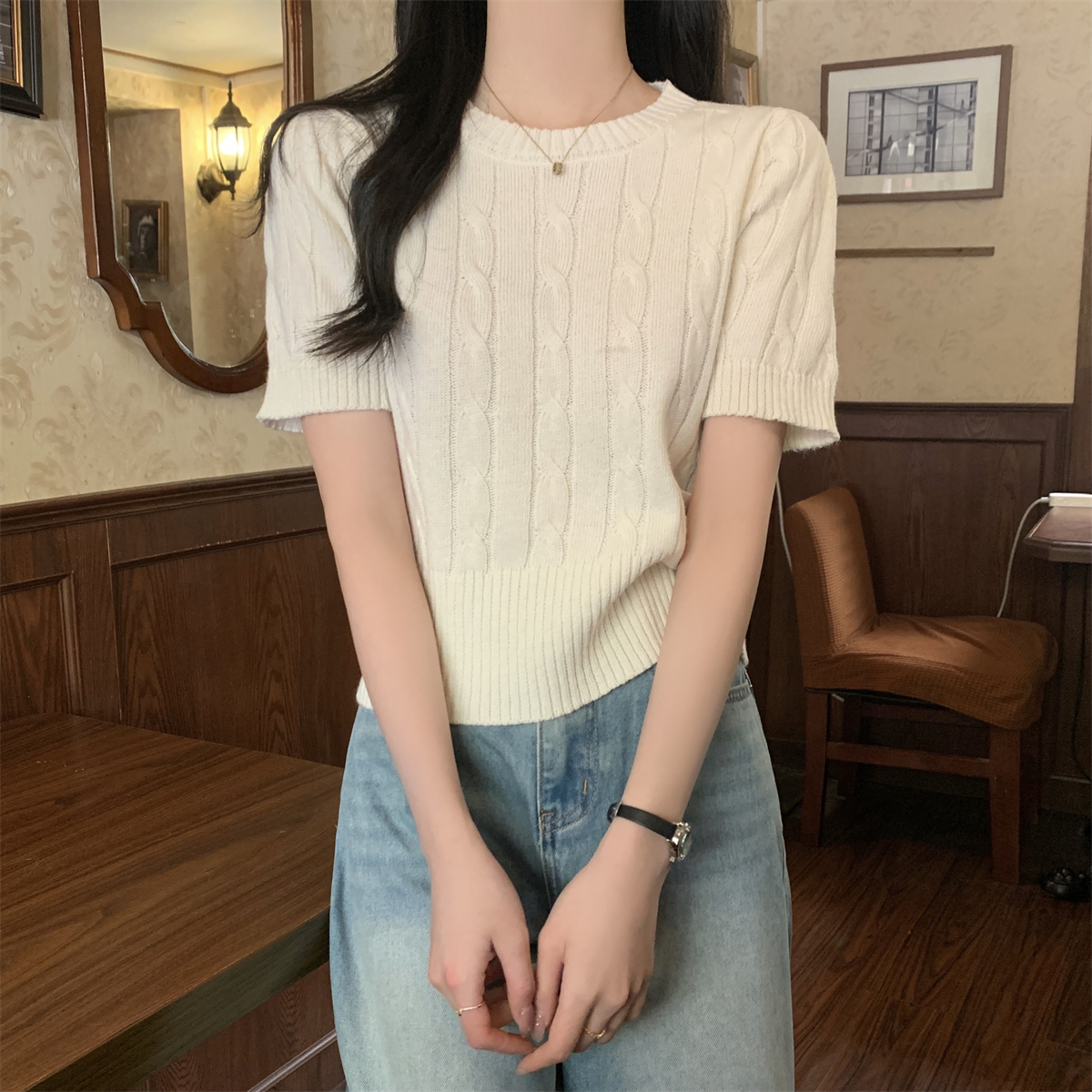 實拍 春夏韓版圓領純色麻花設計感氣質百搭針織短袖女上衣