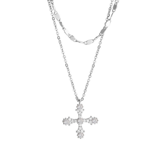 South Korea's new versatile temperament full diamond cross titanium steel necklace women's ins trend light luxury niche internet celebrity clavicle chain