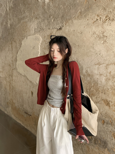 Real shot~Large size fat mm knitted cardigan jacket for women + inner suspender