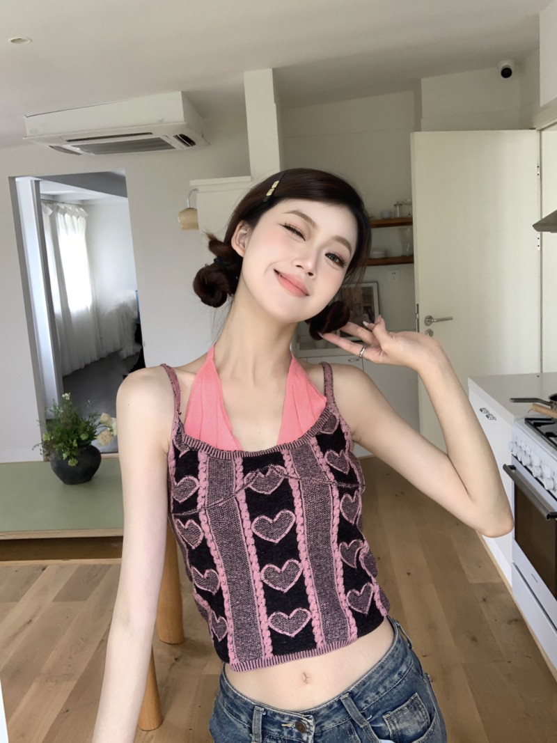 甜辣撞色掛脖背心吊帶女夏假兩件針織短款露臍上衣緊身彈力打底衫