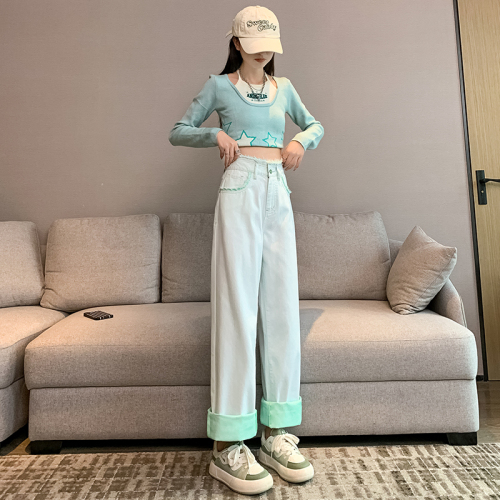 Real shot of fruit green ultra-thin high-quality customized fabric wide-leg pants 2024 spring and summer high-waisted straight-leg jeans