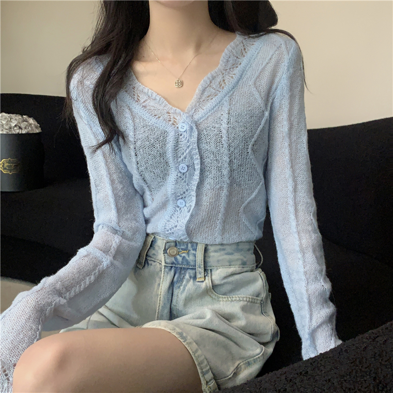 Actual shot of new spring and summer hollow long-sleeved knitted cardigan sun protection top