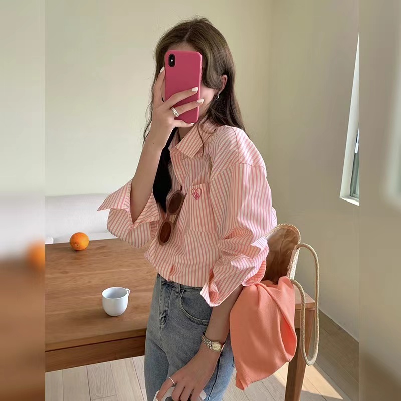 條紋襯衫女設計感小眾法式襯衣小個子長袖上衣春裝2024年新款夏季