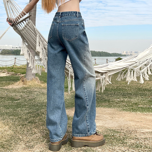 Real shot of gradient blue jeans thin section 2024 new high waist loose small straight wide leg floor mopping pants