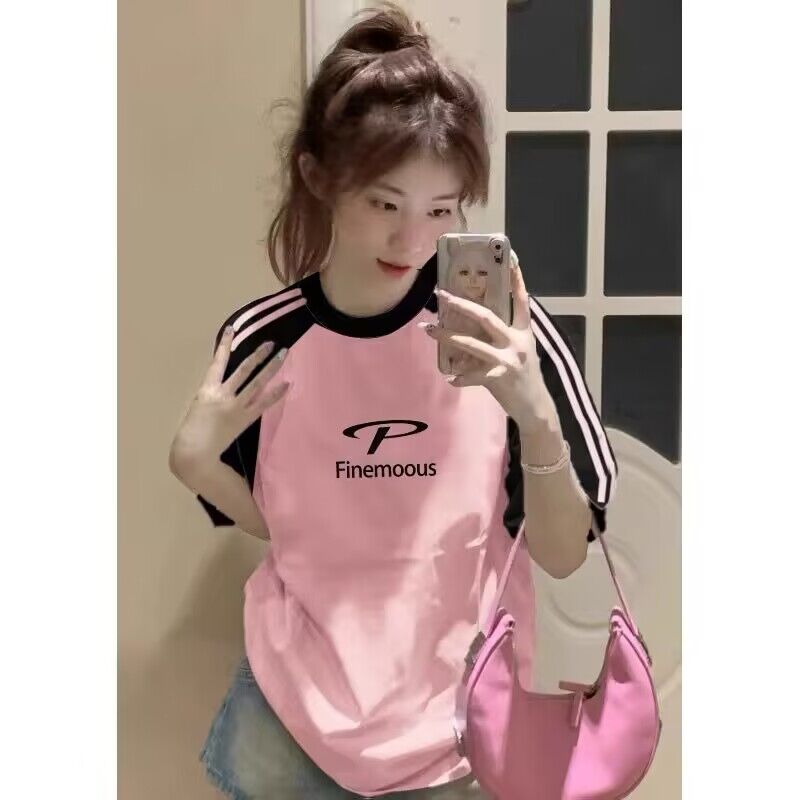 純棉200克21支精梳精密前 印花拼色三條槓落肩短袖t恤女