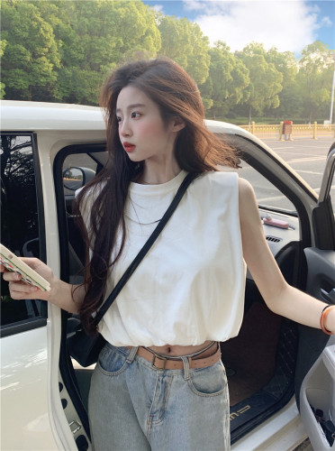 Actual shot ~ Loose and casual right-shoulder summer design niche outerwear white slimming short sleeveless top