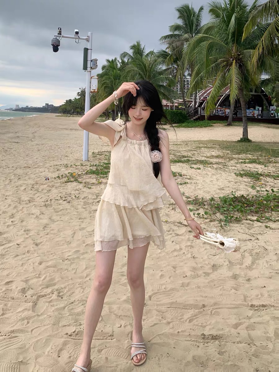 Blovelan霧嶼臨桑 小眾氣質寬鬆皺花系帶上衣+裙褲套裝女2024春夏