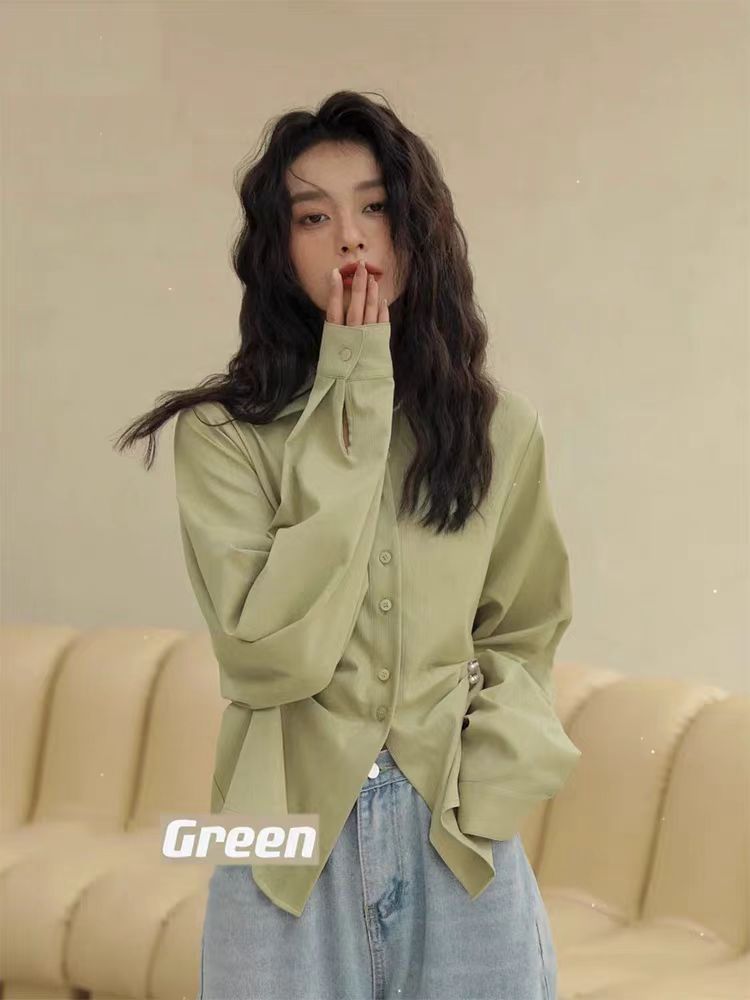 法式綠色不規則長袖雪紡襯衫女春秋季襯衣設計感小眾修身收腰上衣