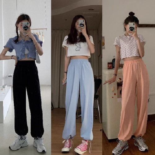 Spring drawstring leggings for girls, elastic waist, spring and autumn high-waisted wide-leg sports casual pants, loose straight pants, trendy