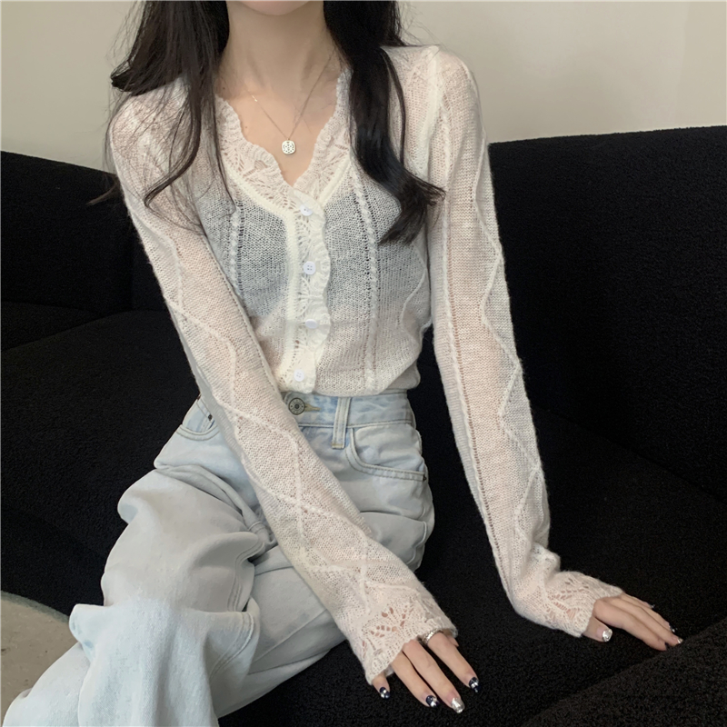 Real shot Spring and summer new style hollow long-sleeved knitted cardigan women's sun protection top