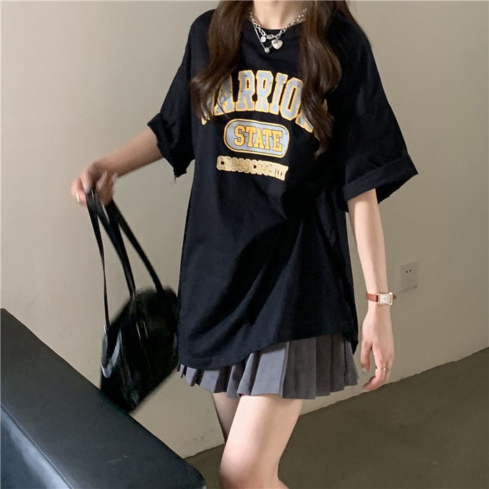 休閒美式復古字母印花短袖T恤女原宿風韓ins中長上衣夏季新款寬鬆