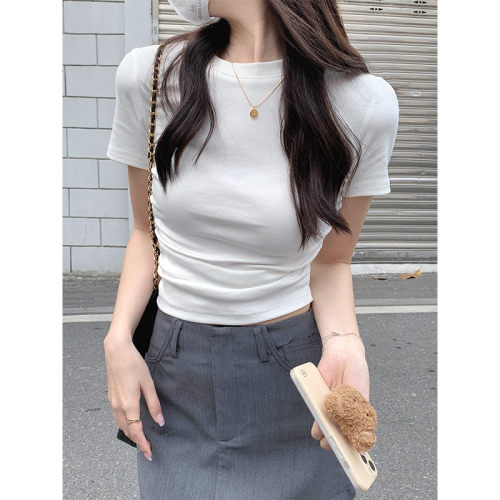 Actual shot of 2024 spring and summer slimming right-shoulder short-sleeved T-shirt for women, pure cotton, versatile waist-pleated pure lust top