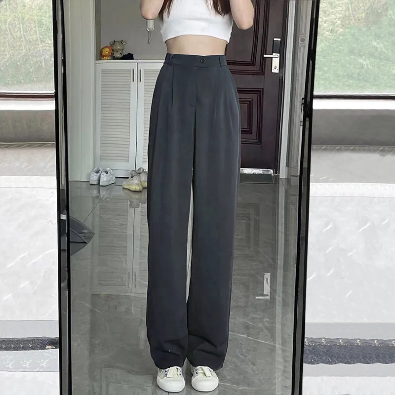 Gray wide-leg pants for women 2024 spring and summer high-waisted loose straight-leg floor-length trousers slim casual suit pants
