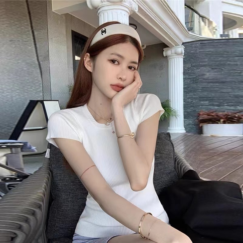 辣妹時尚純欲風針織短袖t恤女ins夏季坑條設計感修身顯瘦圓領上衣