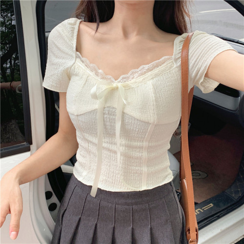 Real shot~Milk bath puff V-neck lace chiffon top for women, pure desire, slim fit and atmospheric tulle short-sleeved top