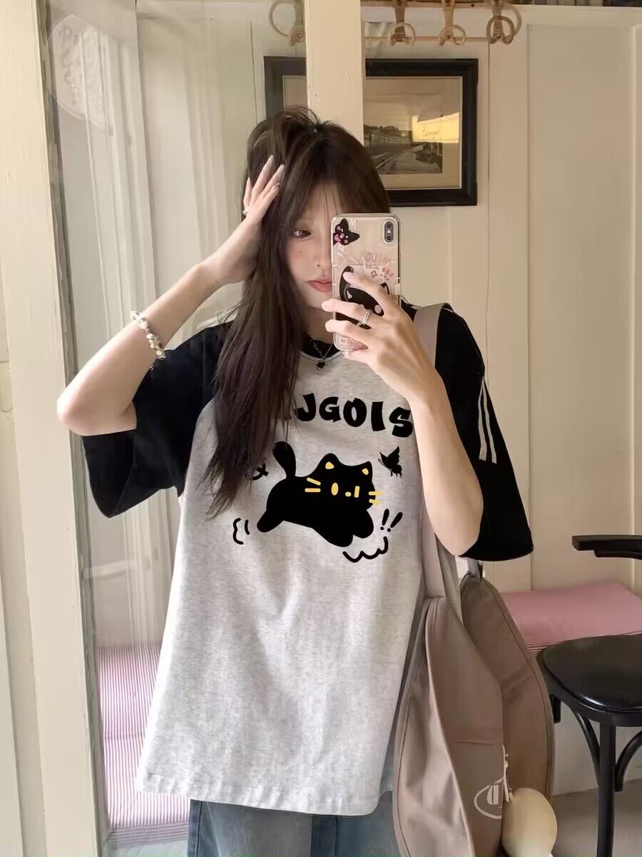 純棉200克21支精梳精密前 印花拼色三條槓落肩短袖t恤女