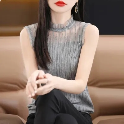French fashion lace collar vest for women spring and autumn mesh half turtleneck bottoming shirt fake collar lace inner sleeveless top