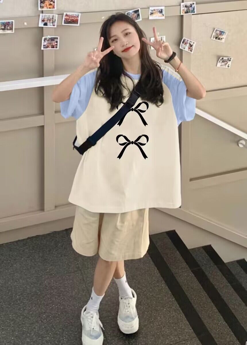 純棉200克21支精梳精密前 印花拼色三條槓落肩短袖t恤女