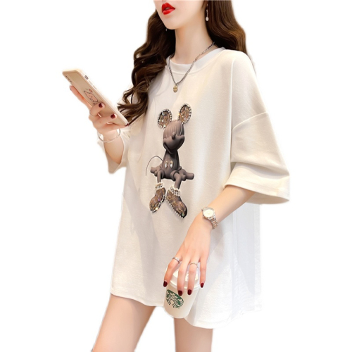 Actual shot of summer Korean style loose 6535 cotton cartoon hot diamond top mid-length large size short-sleeved T-shirt for women