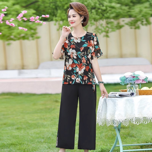 Mom middle-aged summer clothes large size short-sleeved T-shirt tops summer middle-aged and elderly women's suits chiffon shirts small people