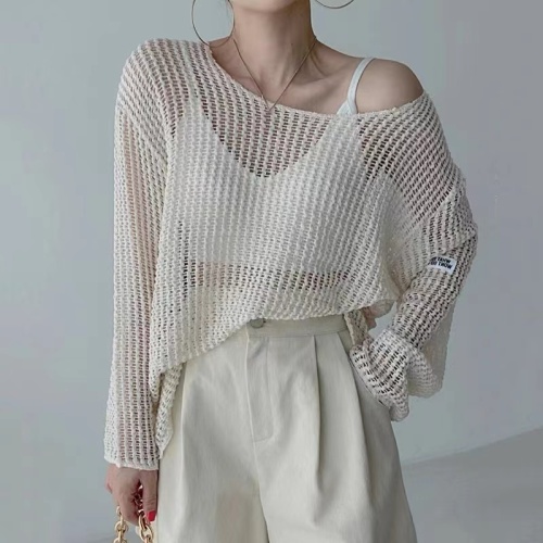 Korean chic summer simple round neck pullover loose top thin hollow see-through sun protection sweater blouse for women
