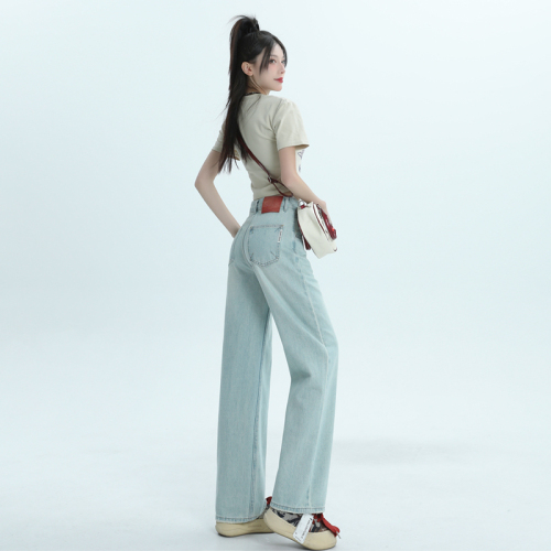 Actual shot of 2024 spring and summer new jeans women's niche design high-waisted loose straight pants