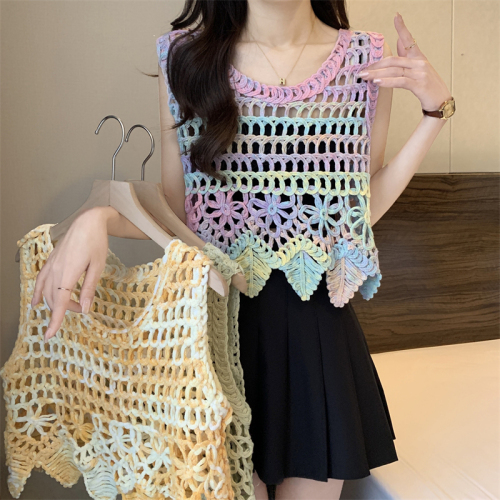 Actual shot of new hand-knitted hollow crocheted sleeveless top
