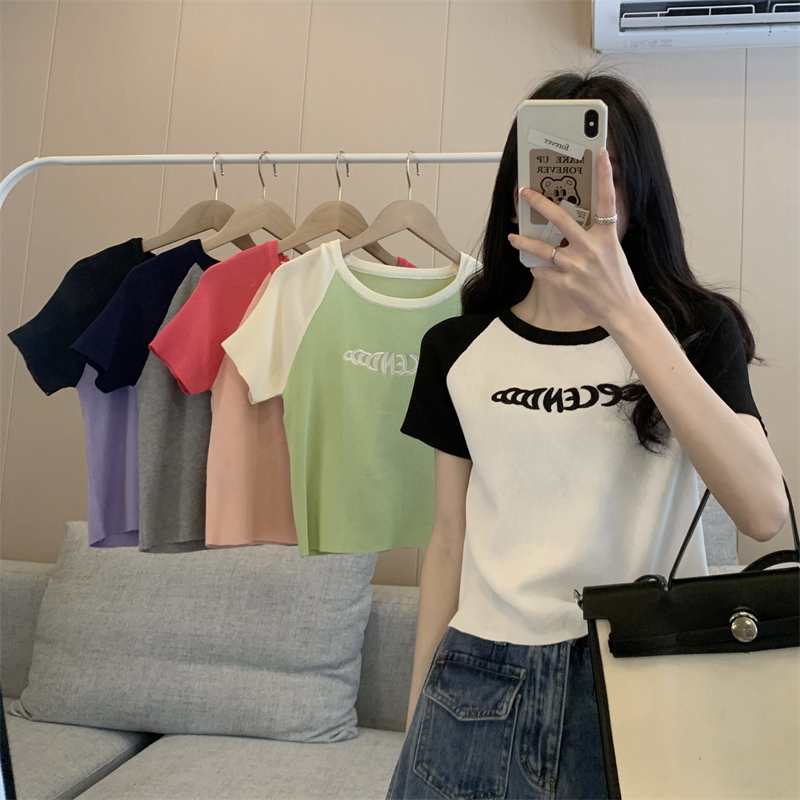 Real shot Korean version slimming letter embroidered contrasting color sweater short-sleeved T-shirt for women