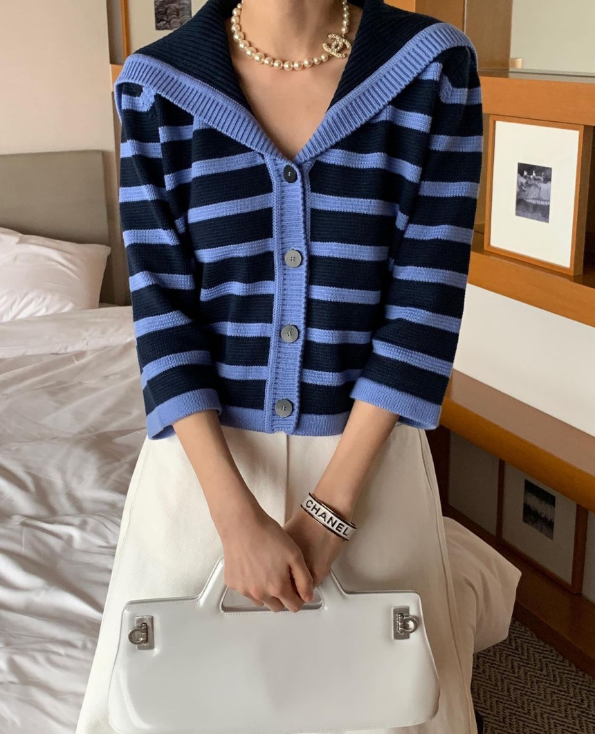 INS Korea Dongdaemun!  Spring new striped navy collar three-quarter sleeve sweater high-end sweater jacket