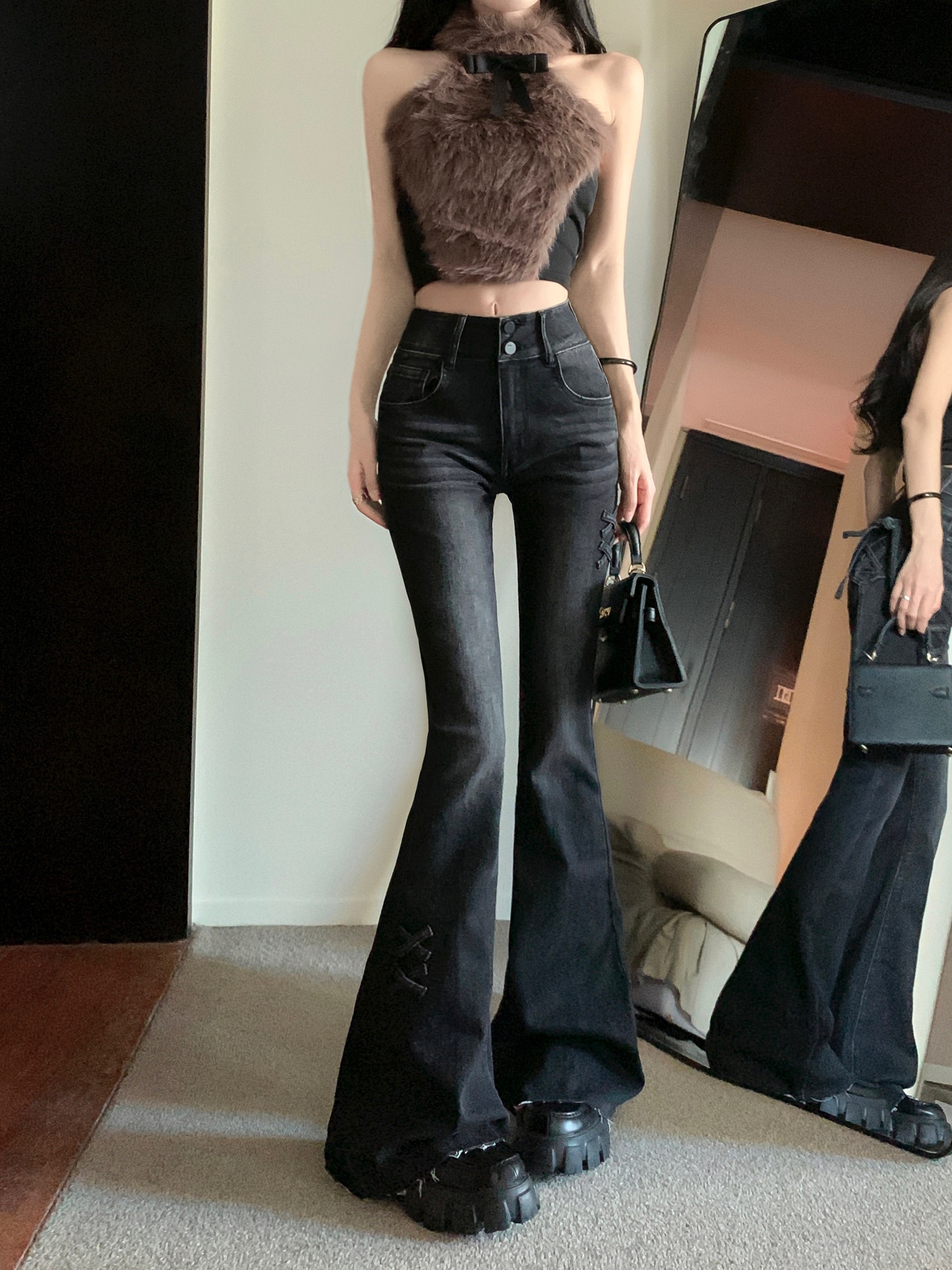 實拍 美式復古翹臀牛仔褲女設計感高腰直筒微喇叭修身長褲
