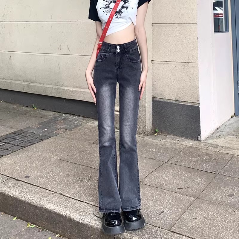 非實拍復古港風微喇牛仔褲辣妹高腰修身顯瘦彈力馬蹄褲