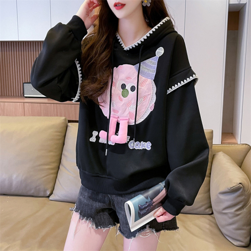 Real shot loose casual cartoon embroidered hooded sweatshirt for women new autumn versatile design spring and autumn jacket
