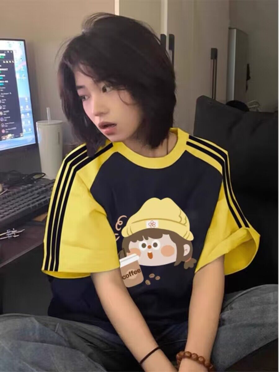 純棉200克21支精梳精密前 印花拼色三條槓落肩短袖t恤女