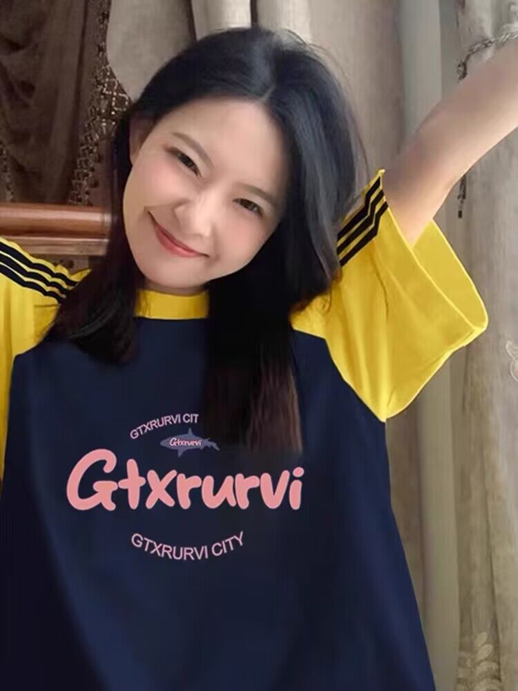 純棉200克21支精梳精密前 印花拼色三條槓落肩短袖t恤女